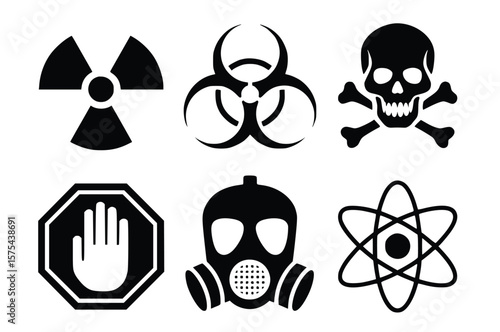 Collection of hazard symbols showcases radiation, biohazard, skull and crossbones, stop hand, gas mask, and atom icons, silhouette