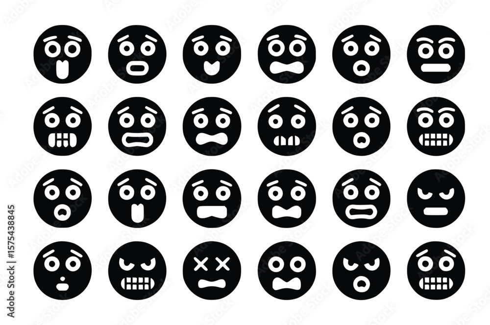 Collection of varied black and white emoticon faces displaying diverse expressions in a patterned arrangement, silhouette Collection of varied black and white emoticon faces displaying diverse expressions in a patterned arrangement, silhouette