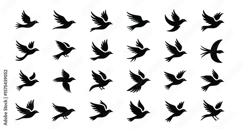 Fototapeta premium Graceful flight is captured in these black bird silhouettes against a white background, showcasing avian movement in a vector style.