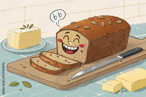 Outstanding Cartoon Banana Bread Being Sliced While Laughing - Clean and Minimalist Visual Story Ide