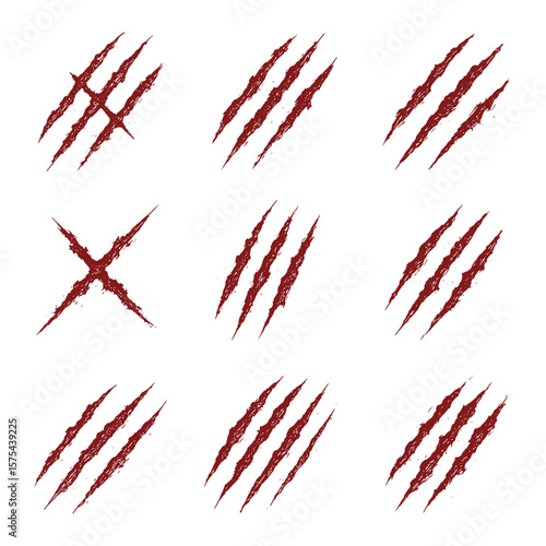 Set of bloody claw scratch marks on white background, horror-style design with sharp torn gashes, perfect for beast or monster effects.
