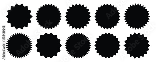 circle with sharp waves edge. circle and oval label, starburst sticker shape, Circles and rectangles with wavy zigzag edges. Badge star, sale price tag, Vector illustration isolated on white backgrou
