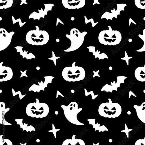 Seamless black and white Halloween pattern with scattered playful elements like ghosts, pumpkins, bats, and stars. Spooky yet fun minimalist design, perfect for holiday decor, fabrics, and backgrounds