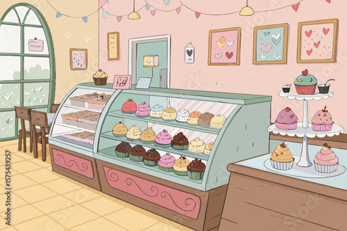 Gorgeous Cartoon Caf Scene with Rows Decorated - Bright and Cheerful Visual Story Great for Content 