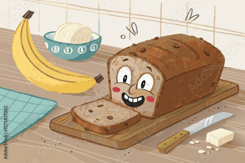 Magnificent Cartoon Banana Bread Being Sliced While Laughing - Cozy and Intimate Visual Story Great 