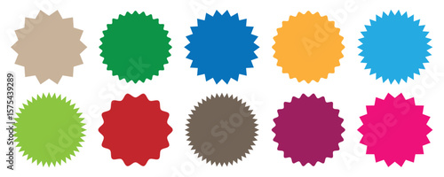 Circles and rectangles with wavy zigzag edges. Badge star, sale price tag, colorful sun, circle and oval label, starburst sticker shape, Vector illustration isolated on white background. 