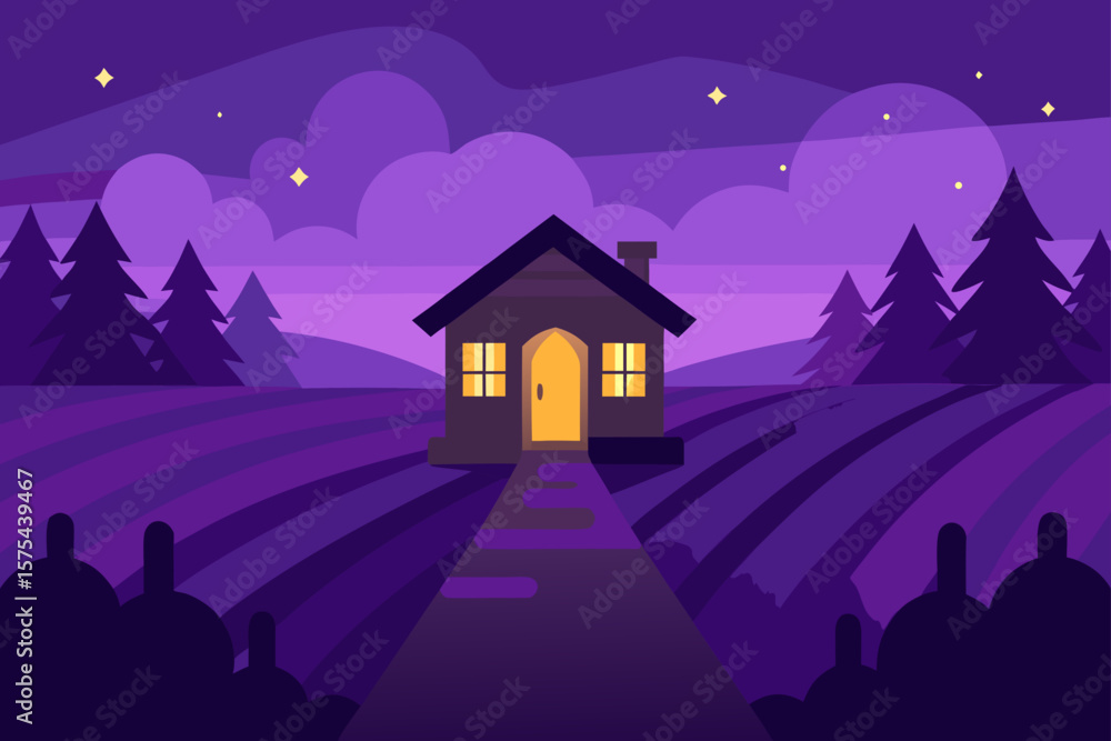 Naklejka premium Spooky haunted house silhouette under a dark, star-filled night sky on a hill amidst the trees