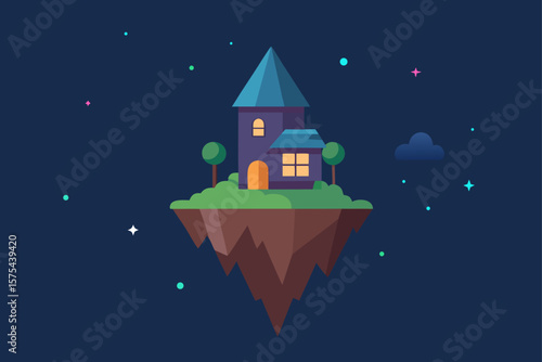 A whimsical winter night scene featuring a snow-covered fairy tale castle and a small town illuminated by moonlight under a starry sky
