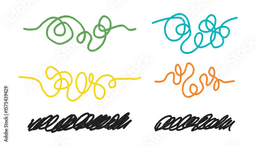 Simple tangled colorful lines set - continuous flowing thread that twists and turns. Raveled lines. Set messy lines, hand drawn chaotic doodle line, tangle of thoughts. Kid chalk element colored lines
