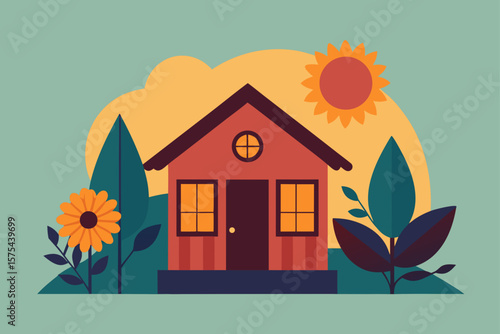 Colorful cartoon illustration of a cozy village house with a blooming garden, a tree, and a bright summer sky