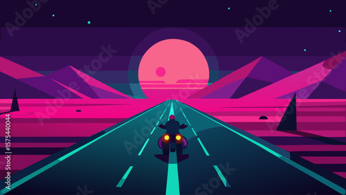 Night journey on the asphalt highway with car lights illuminating the path to the city horizon