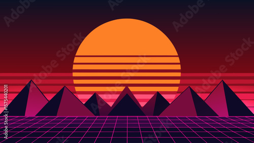 Vector illustration of an abstract mountain landscape with Egyptian pyramids at sunset, a perfect design for travel and nature tourism