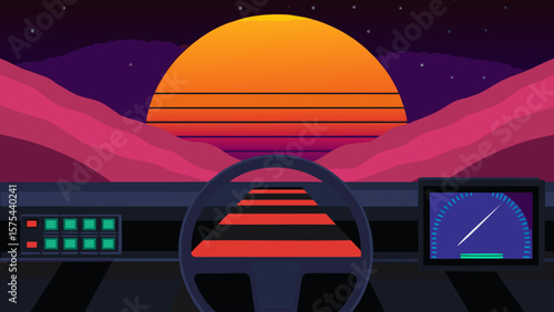 Night sky travel design: a cartoon space shuttle launch passes a UFO near the space station, with a car on a road illustrating the city landscape below