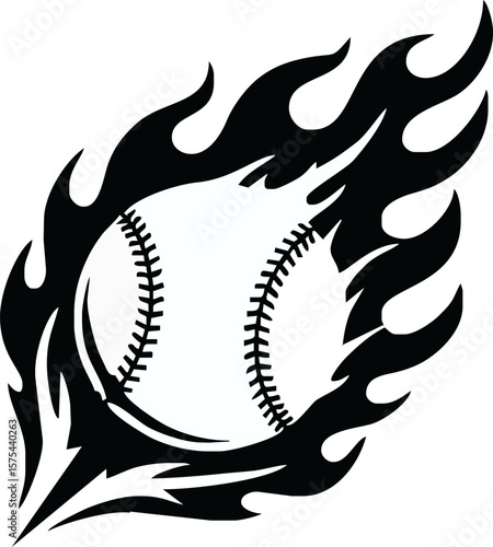 A stylized baseball engulfed in fiery flames, a graphic design.