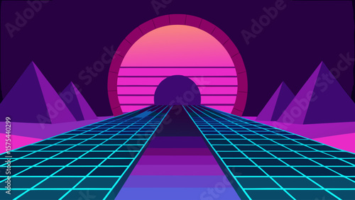 An illustration of a luxury red carpet leading up 3D stairs to a city bridge at night, adorned with light trails, celebrating a successful movie premiere gala