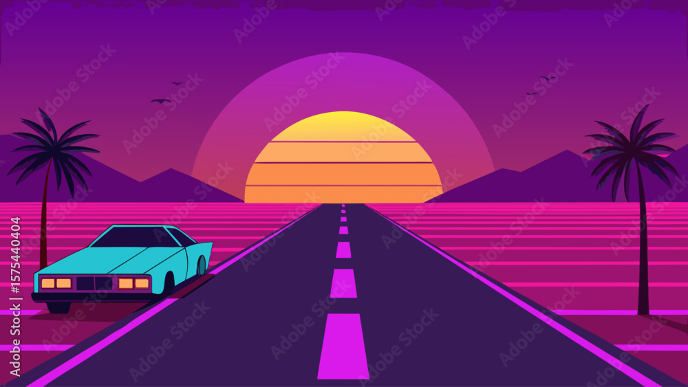 Fototapeta premium Sunset over a coastal city bridge, cars speeding along the highway, the sky a blaze of color as night falls and the journey continues
