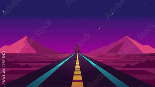 Retro Futuristic Highway A Journey Through Neon Nights and Desert Peaks