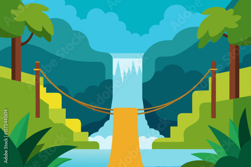Jungle Waterfall Adventure Rope Bridge Crossing Lush Landscape