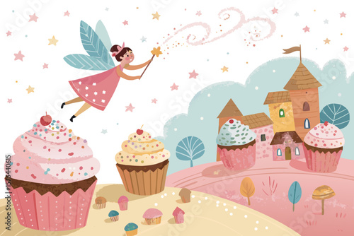 Captivating Cupcake Fairy Flying Above Cake Town Sprinkling - Rich and Luxurious Visual Story Suitab