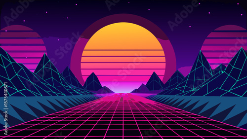 Retro Synthwave Sunset A Journey Through 80s Inspired Cyberpunk Landscape