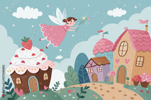Incredible Cupcake Fairy Flying Above Cake Town Sprinkling - Cozy and Intimate Visual Story Perfect 