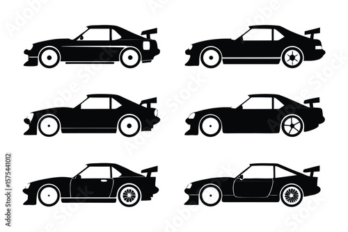 Classic Car Silhouette Collection: An artistic collection of sleek black silhouettes of classic cars, showcasing their timeless design, ideal for automotive, design.