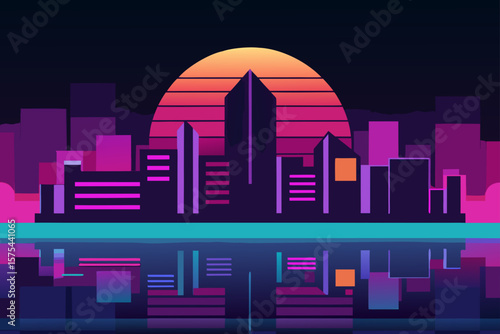 Retro Futuristic Cityscape Synthwave Sunset Reflection