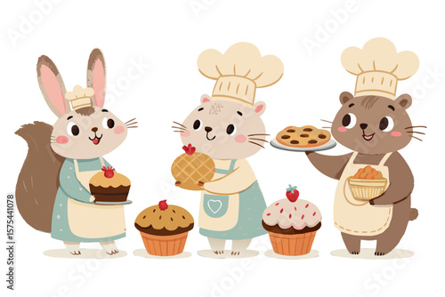 Exquisite Cute Lineup Tiny Animals Wearing Baker Hats - Energetic and Lively Visual Story Suitable f