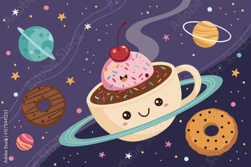 Stunning Cute Doughnut Planet Orbiting Coffee - Mysterious and Intriguing Visual Story Perfect for C