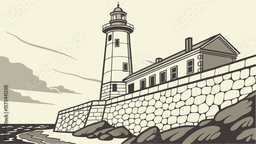 Illustration of a coastal lighthouse with adjacent building and stone seawall near the ocean shore