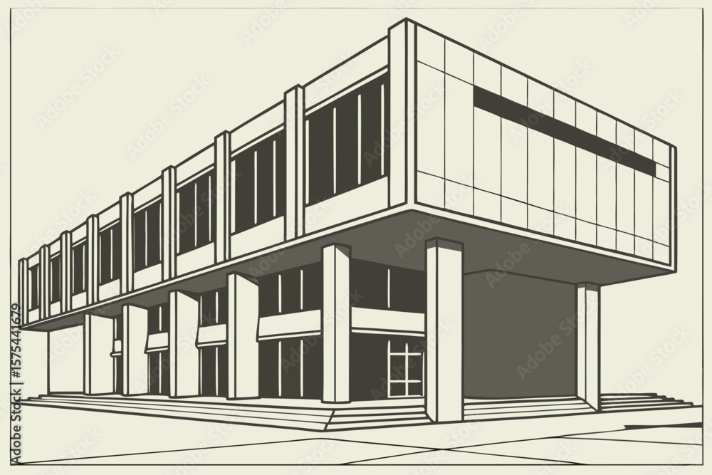 Fototapeta premium Illustration of a modern building with large windows and supporting pillars in a minimalist style design