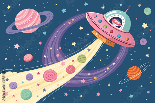 Outstanding Donut Shaped Spaceship Flying Through Candy Galax - Energetic and Lively Visual Story Gr