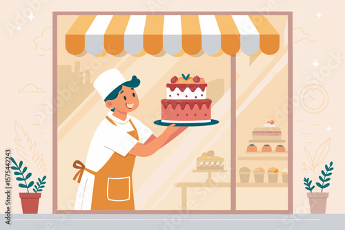Breathtaking Smiling Baker Placing Cake Shop - Serene and Peaceful Visual Story Ideal for Digital Ma