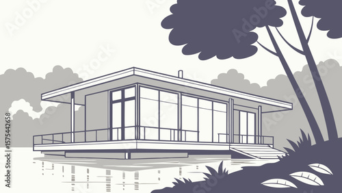 Illustration of a modern house on the water with trees and clouds in a monochromatic color scheme