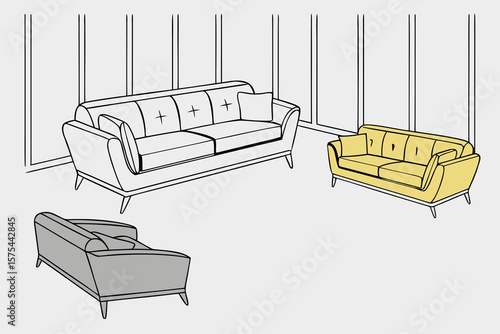 Minimalist vector illustration of modern sofas in a spacious interior design