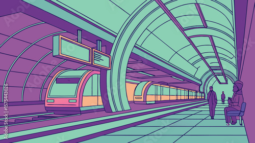 Illustration of a subway station with a train and people waiting on the platform in vibrant colors