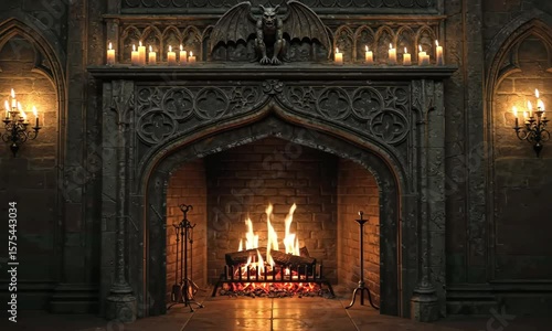 Ornate gothic fireplace with burning fire and lit candles, a dark interior.