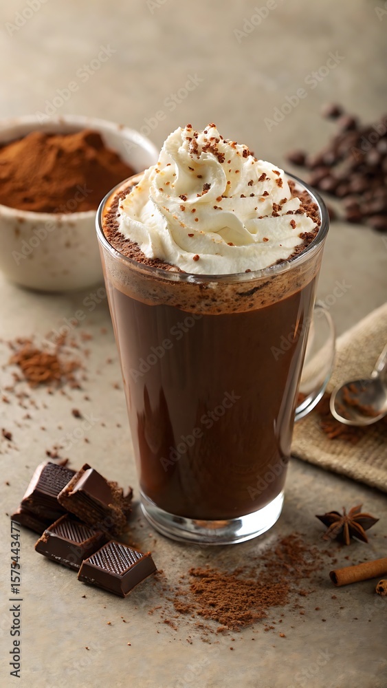 Cup of coffee with chocolate and cream in a white mug on a cafe table Cup of coffee with chocolate and cream in a white mug on a cafe table