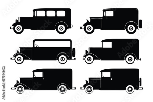 Classic Car Silhouettes: A selection of elegantly crafted, vintage cars, rendered in sleek black and white. These silhouettes showcase timeless design and evoke a sense of nostalgia for a bygone era.