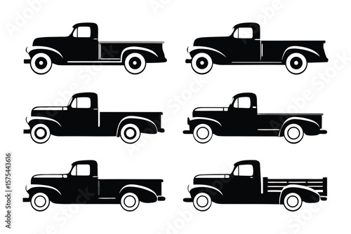 Classic Truck Silhouettes: A collection of meticulously rendered classic pickup truck silhouettes showcases timeless automotive design, perfect for transport and vintage vehicle themes.