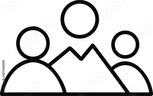 Simple Line Art Icon of Two People Admiring a Mountain Landscape Under a Bright Sun