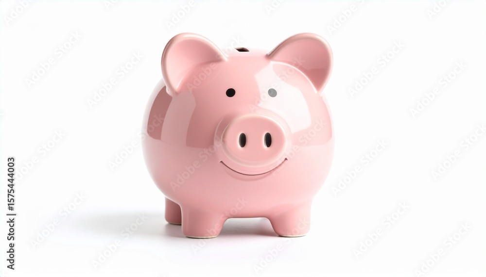 Cheerful pink piggy bank with a smiling face centered on white background symbolizing financial happiness and successful management Cheerful pink piggy bank with a smiling face centered on white background symbolizing financial happiness and successful management