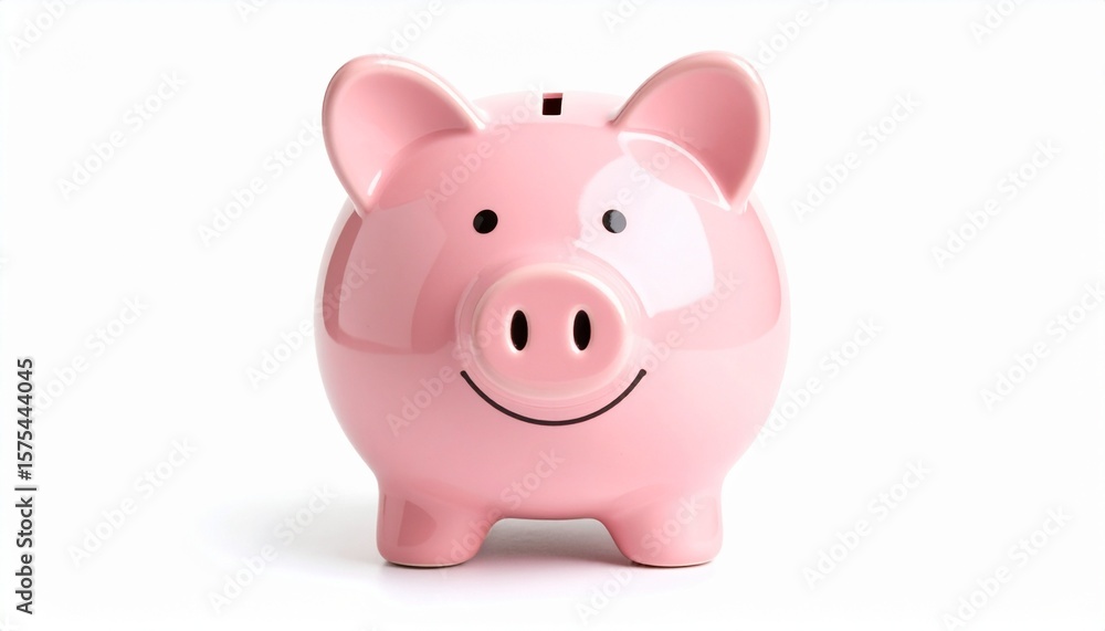 Cheerful pink piggy bank with a smiling face centered on white background symbolizing financial happiness and successful management Cheerful pink piggy bank with a smiling face centered on white background symbolizing financial happiness and successful management