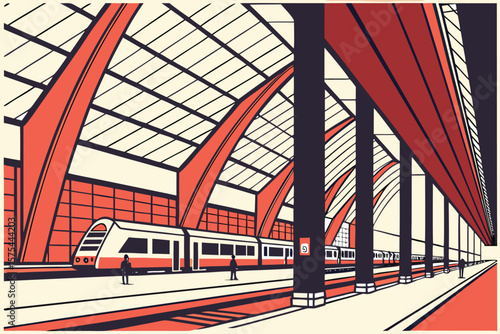Illustration of a train at a station with overhead arches and waiting passengers and platform details