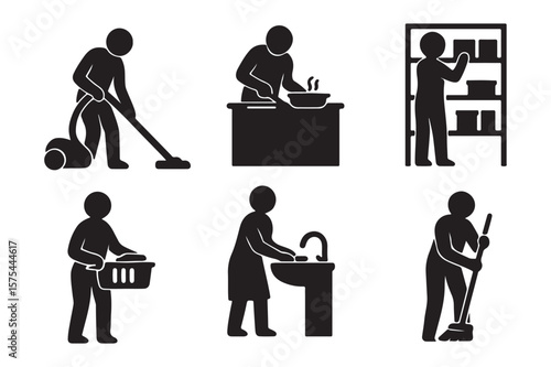 Domestic Duties Depicted: An illustrative portrayal of daily household tasks showcases individuals engaged in cleaning, food preparation, and organization.