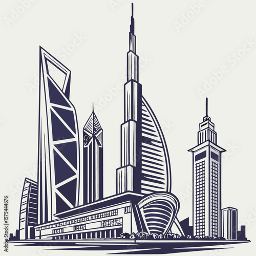 Illustration of several tall skyscrapers and buildings in a city skyline with a monochrome color scheme