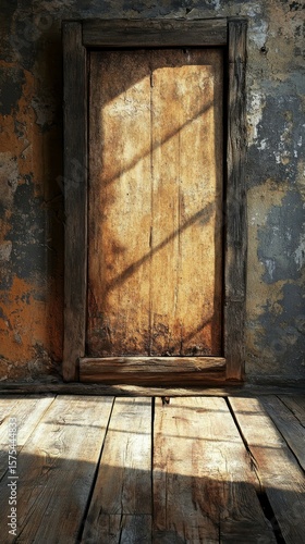 Aged Wooden Door and Floor with Sunlight in Rustic Room
