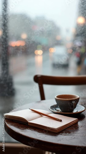Rainy day cafe scene featuring a wooden table, gray coffee cup, open notebook, pencil, and blurred city view outside a rain streaked window. Soft, moody lighting.