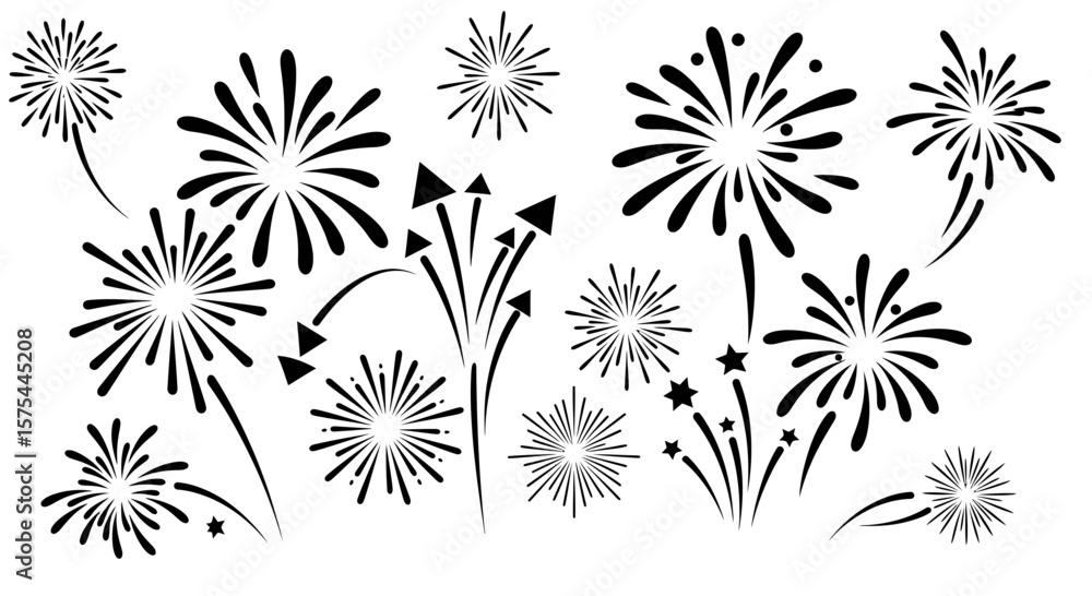 Set of stylized black fireworks on a transparent white background isolated set Set of stylized black fireworks on a transparent white background isolated set