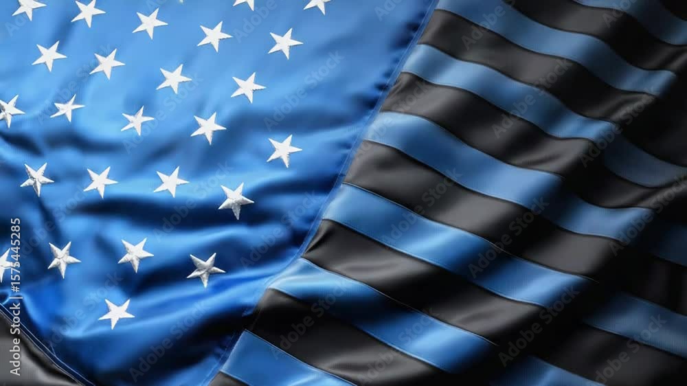 Close up of thin blue line american flag waving in the wind